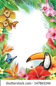 Frame with tropical flowers, butterflies and toucan