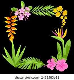 Frame with tropical flowers. Decorative exotic foliage and plants.