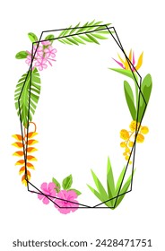 Frame with tropical flowers. Decorative exotic foliage and plants.