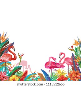 Frame from tropical flowers and Flamingoes