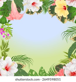 Quadro arranjo floral de flores tropicais, com hibisco vermelho e amarelo e palma de Brugmansia, philodendron vintage vetor ilustração editável mão desenhar 