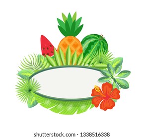 Frame with tropical fruits and exotic leaves isolated border with spare place. Vector piece of watermelon, pineapple and red flower, green foliage