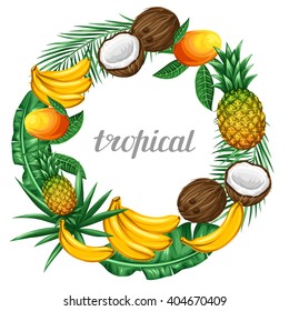 Frame with tropical fruits and leaves. Design for advertising booklets, labels, packaging, menu.
