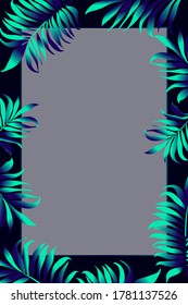 Frame of tropical green leaves on a black background.Elegant vector illustration.Banner.Blank.Advertising.