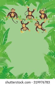 Frame from tropical leaf with cheerful monkeys frolicking on the vine