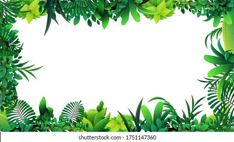 A frame of tropical leaves around a white empty space. Layout of a frame made of tropical elements for your creativity