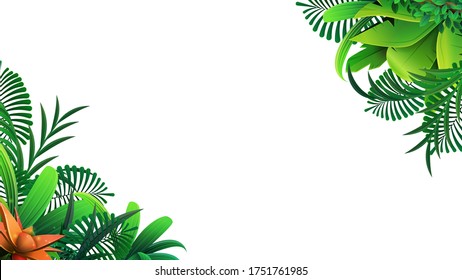 A frame of tropical leaves around a white empty space. Elegant backdrop decorated with foliage of exotic jungle plants. Natural frame or border. Vector illustration.