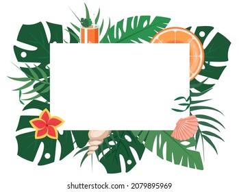 Frame with tropical leaves, cocktail and seashells. Background for invitations, promotions, sales and events. Vector illustration.