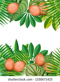 Frame with tropical leaves and eggs.
