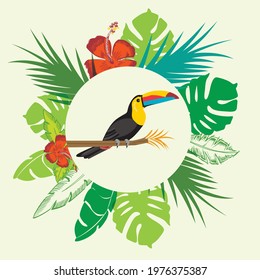 A frame of tropical leaves. Exotic tropical green Summer background. Tropical  palm leaves, plants and with toucan. Negative space trend. Tropical island summer paradise, poster