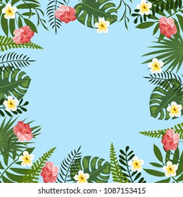 Frame of tropical leaves and flowers. Tropical background. Bright flower frame.