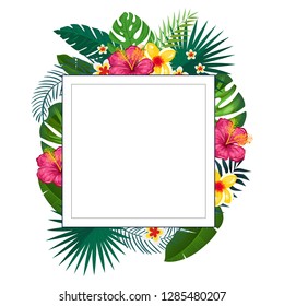 Frame Tropical Leaves Flowers Jungle Background Stock Vector (Royalty ...