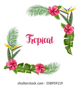 Frame with tropical leaves and flowers. Palms branches, bird of paradise flower, hibiscus.