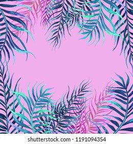 Frame with tropical leaves. Hand drawn branches and leaves of tropical plants.