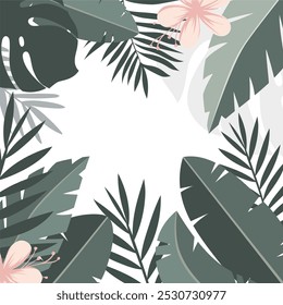 Quadro de folhas tropicais. Ilustração com folhagem de plantas da selva exótica. Estilo da selva. Composição sobre fundo branco com espaço de cópia.