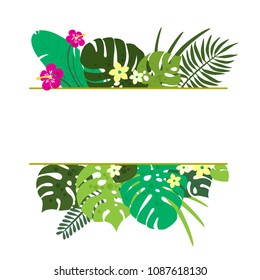 Frame of tropical leaves. Jungle foliage. Banner of green palm leaves and flowers isolated on the white background. Vector illustration