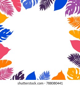 Frame with tropical leaves. Monstera, banana, palm, hibiscus. Border, flyer, frame. Vector illustration.