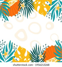 Frame of tropical leaves. Orange and turquoise vector illustration.