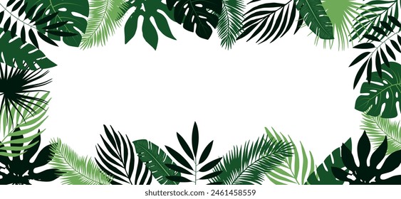 Frame of tropical leaves with place for text. Border with palm branches, leaves. Vector.