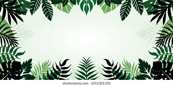 Frame of tropical leaves with text space. Border with tropical branches and leaves. Vector illustrator.