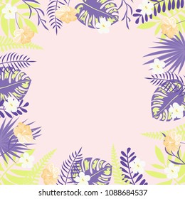 Frame of tropical plants. Tropical background. Frame with tropical leaves and flowers.