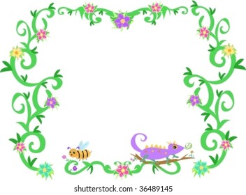 Frame of Tropical Vines, Bee, and Lizard Vector