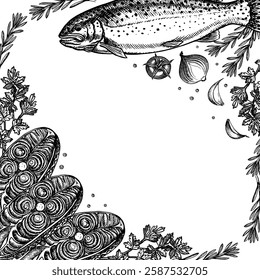 A frame with trout, whole fish and sliced, with lemon and vegetables. Hand-drawn vector illustration. Black and white image. On a white background. For menus, recipes, packages, labels, invitations.