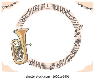 Frame with tuba and abstract music notes. Vector illustration.