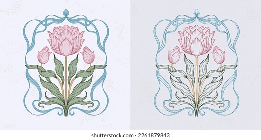 Frame with a tulip pastel color in the style of Art Nouveau. Beautiful vintage floral composition 1920-1930 years.Vector design.