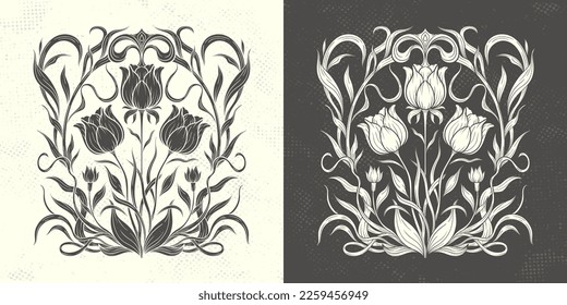 Frame with a tulip in the style of Art Nouveau. Beautiful tulip vintage floral composition 1920-1930 years.Vector design.