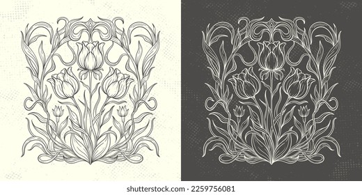 Frame with a tulip in the style of Art Nouveau. Beautiful vintage floral composition 1920-1930 years.Vector design.