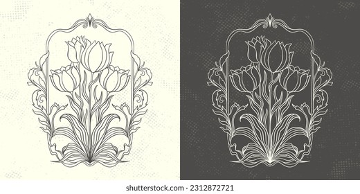 Frame with a tulip in the style of Art Nouveau. Beautiful vintage tulip floral composition 1920-1930 years.Vector design.