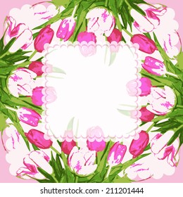 Frame with tulips flowers. Background decoration adorable bouquet flowers.Vector illustration. 