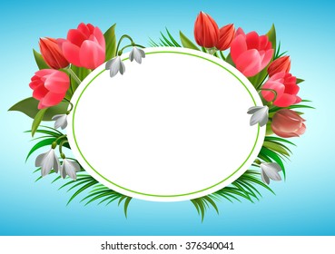 Frame with tulips on a blue background