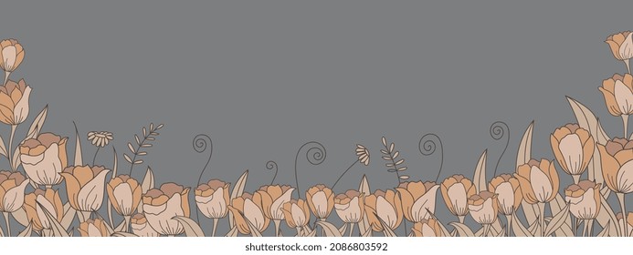Frame of tulips on horizontal background. Template with spring flowers. Header or gackdrop for design. Greeting card for Valentine's Day, Women's Day and Mother's Day holidays. Vector illustration.