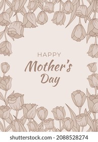 Frame of tulips on pastel background. Spring flowers. Holidays background. Greeting card with inscription Happy Mother's Day. Top view. Vector illustration.