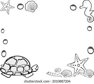 Frame, turtle, seahorse and starfish and shell border, sponge vector background