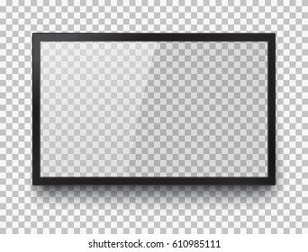 Frame of TV. Empty led monitor of computer or black photo frame isolated on a transparent background. Vector blank screen lcd, plasma, panel or TV for your design