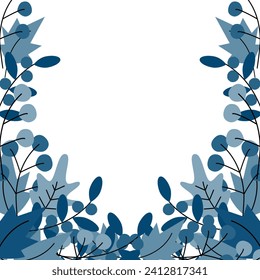 Marco de ramas y hojas con bordes inferiores y laterales en azul de moda. Concepto de diseño para saludos