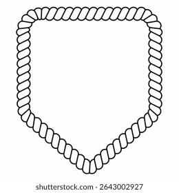 frame of twisted rope border in shield shape, black and white vector outline. Perfect for text,badges, logos, labels, nautical emblems, or marine-themed vintage design elements.