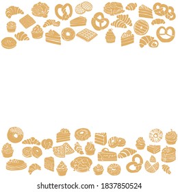 Frame of two horizontal borders with silhouettes of breakfast pastries, brown silhouettes of different types of croissants, cupcakes, pancakes, waffles, cake pieces, pretzels and donuts