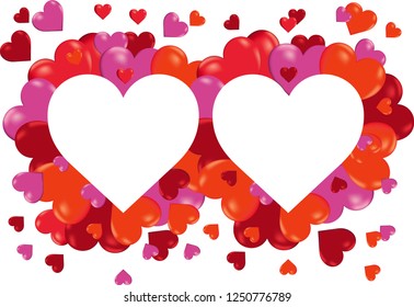 Frame with two large hearts and small four colors hearts for Valentine's Day