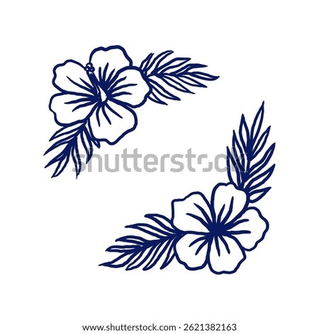 Frame with two opposing corners decorated with tropical hibiscus flowers and palm leaves. Used as a decorative element for summer-themed designs, cards, packaging, stories, and banners.