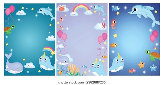 frame under the sea theme invitation card with cute marine life cartoon character