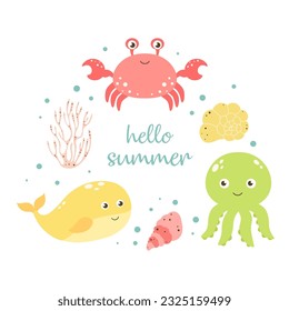 frame with underwater animals and inscription hello summer isolate on white background, set of cute cartoon crab, whale, octopus, seashell and coral