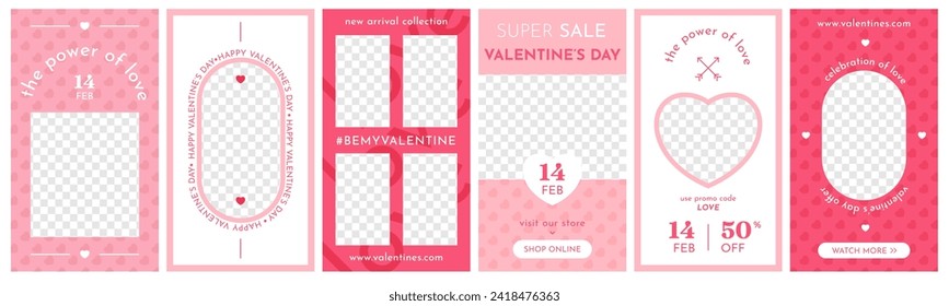 Frame Valentine story. Trendy social media networks templates. Editable cards design. Love symbols. 14 February holiday. Romantic hearts. Spring sale promotion. Vector web banners set