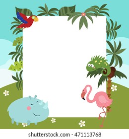 Frame with a variety of cute African animals. Funny card with empty space for text