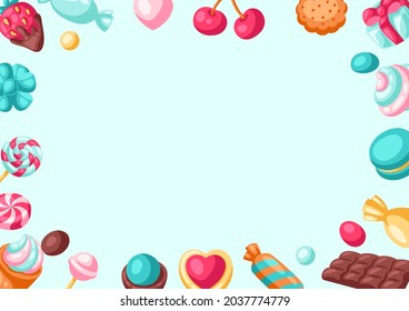 Frame with various candies and sweets. Confectionery or bakery stylized illustration.