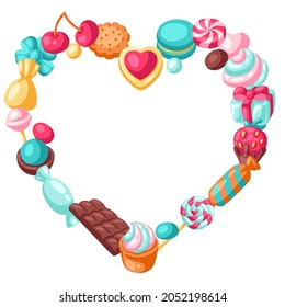 Frame with various candies and sweets. Confectionery or bakery stylized illustration.