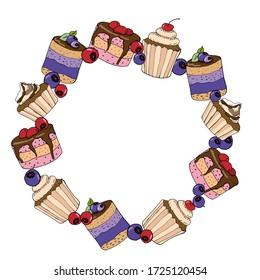 Frame of various desserts, cupcake, muffin, cake. Postcard, vector illustration.